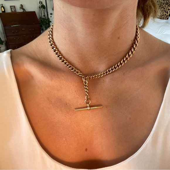 Antique solid gold 9C Albert chain with T Bar and two dog clips - Picture 3 of 4